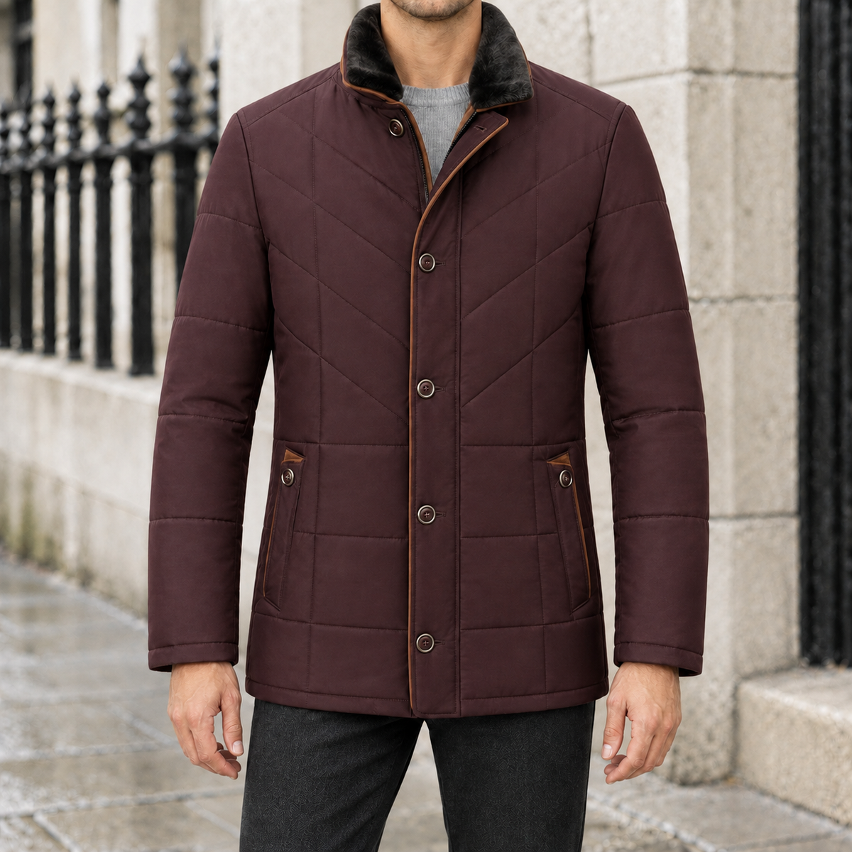 Douglas Chevron-Quilted Plush-Collar Coat - Burgundy, worn