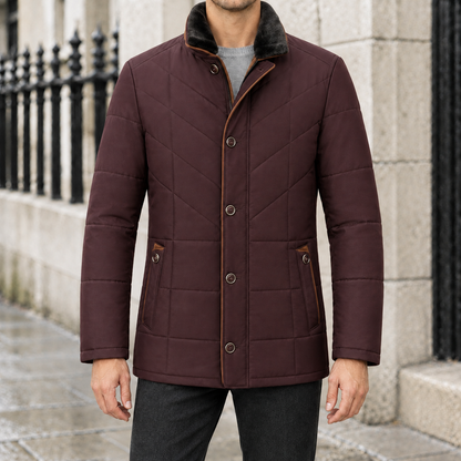 Douglas Chevron-Quilted Plush-Collar Coat - Burgundy, worn