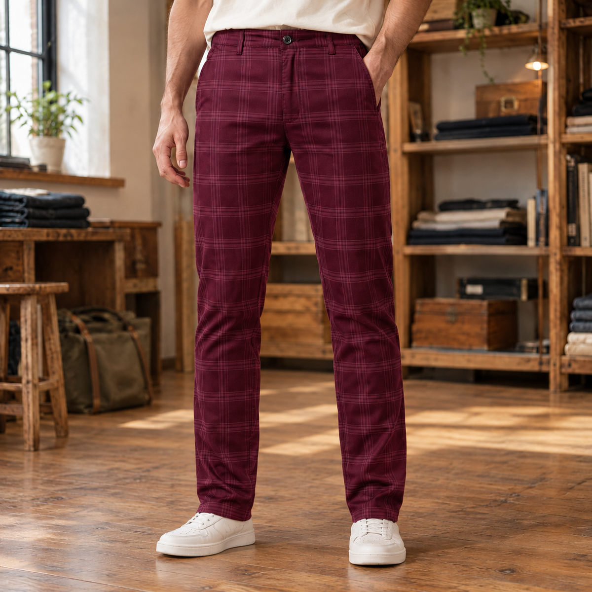 Harrison Plaid Stretch Slim Trousers - Burgundy, worn, full trousers