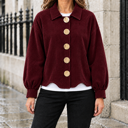 Hailey Big-Button Corduroy Jacket - Burgundy, worn, full jacket