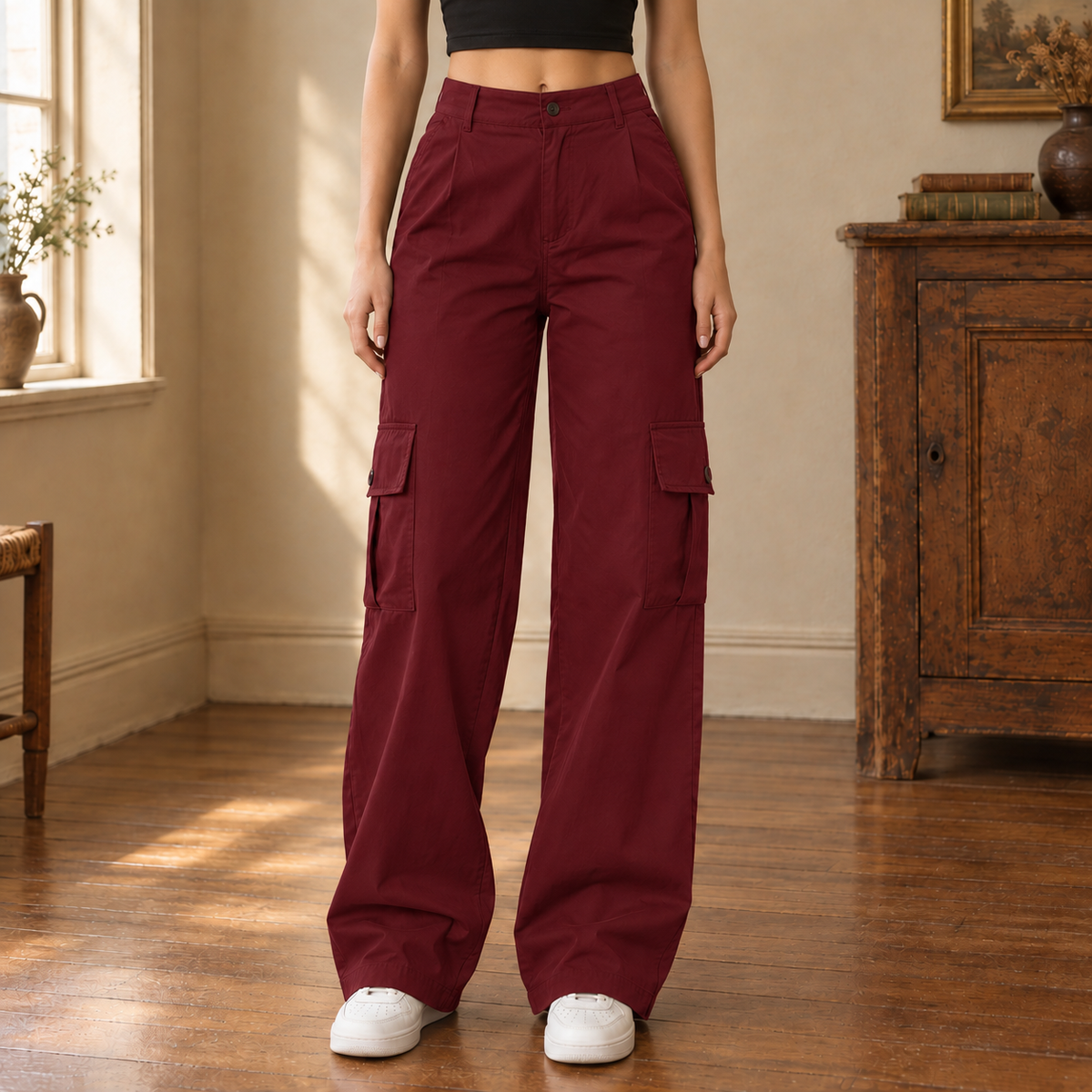 Maren High-Rise Cargo Pants — Burgundy, worn, full pants