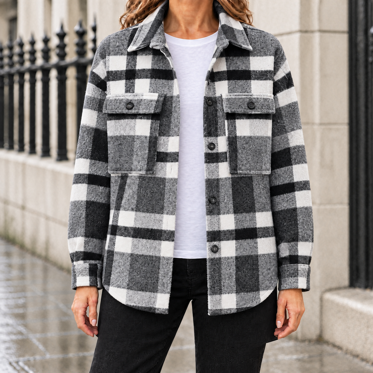 Lily Brushed Plaid Shirt Jacket - Black White, worn, full jacket
