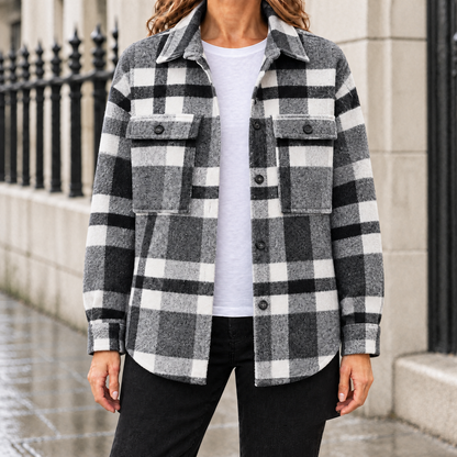 Lily Brushed Plaid Shirt Jacket - Black White, worn, full jacket