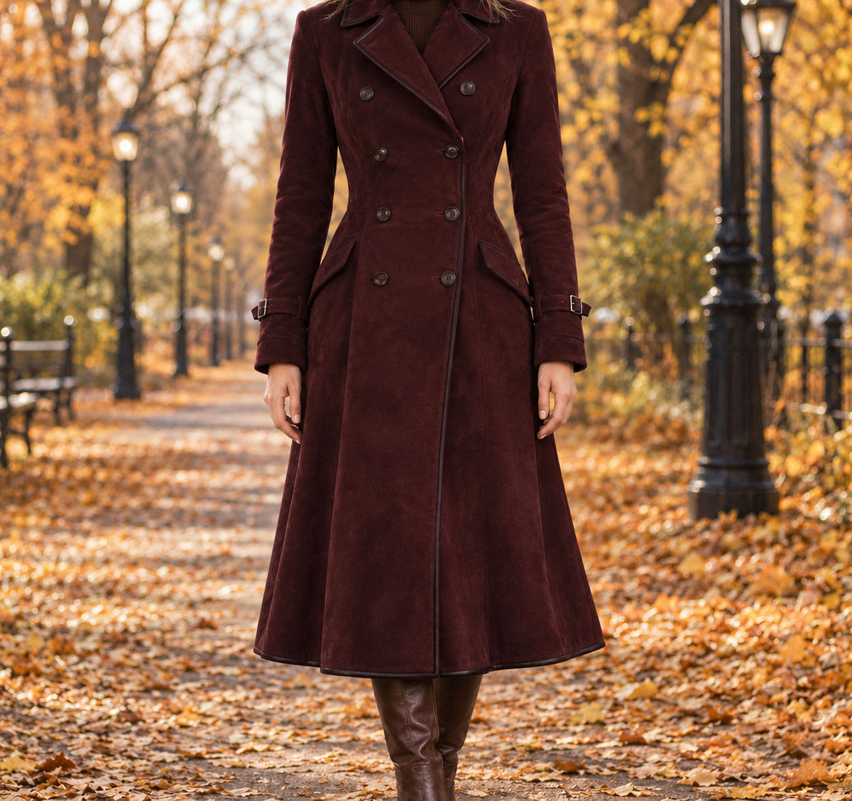 Kendall Suede-Look Double-Breasted Coat - Cabernet, worn