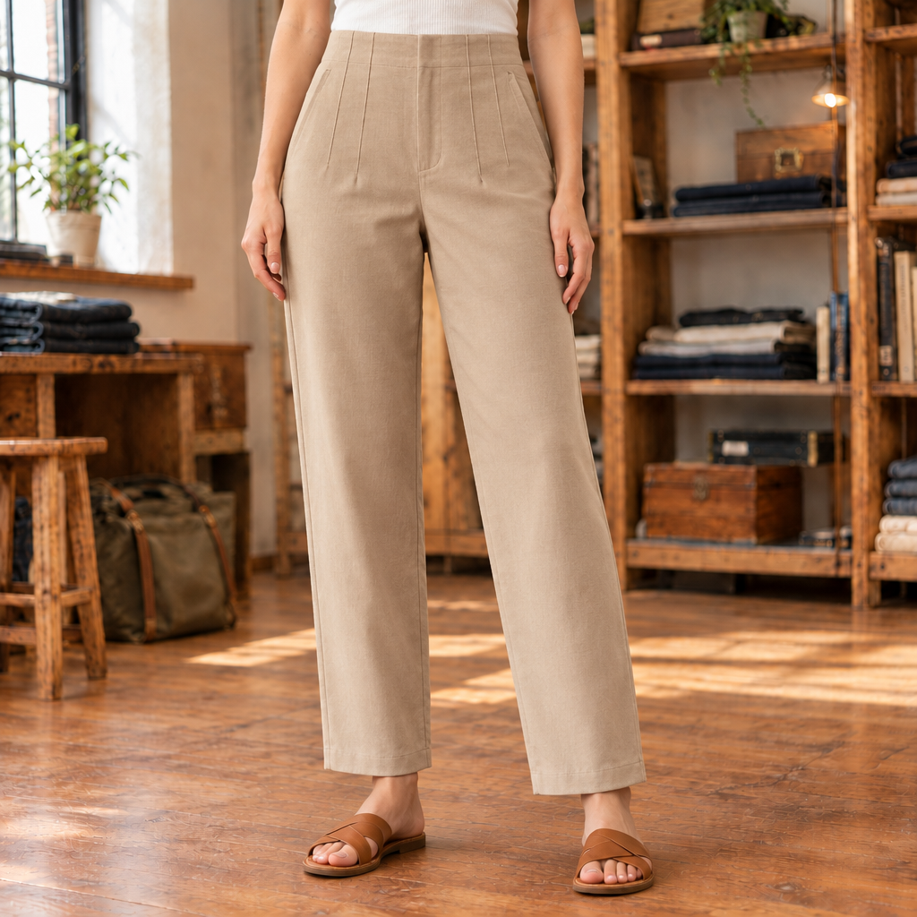 Rachel High-Waist Seamed Trousers - Camel, worn, full trousers