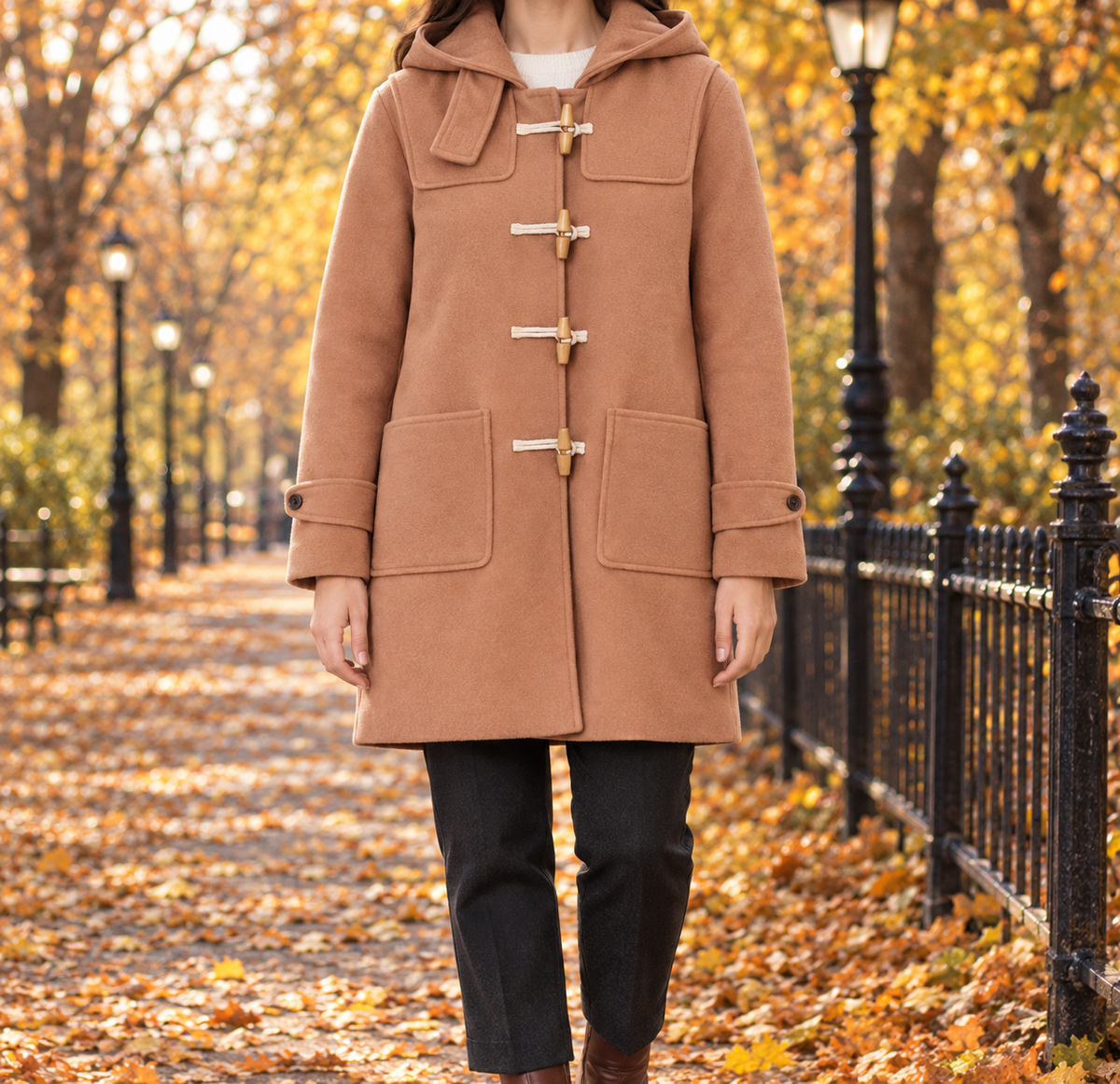 Anna Hooded Toggle Duffle Coat - Camel, worn, full coat