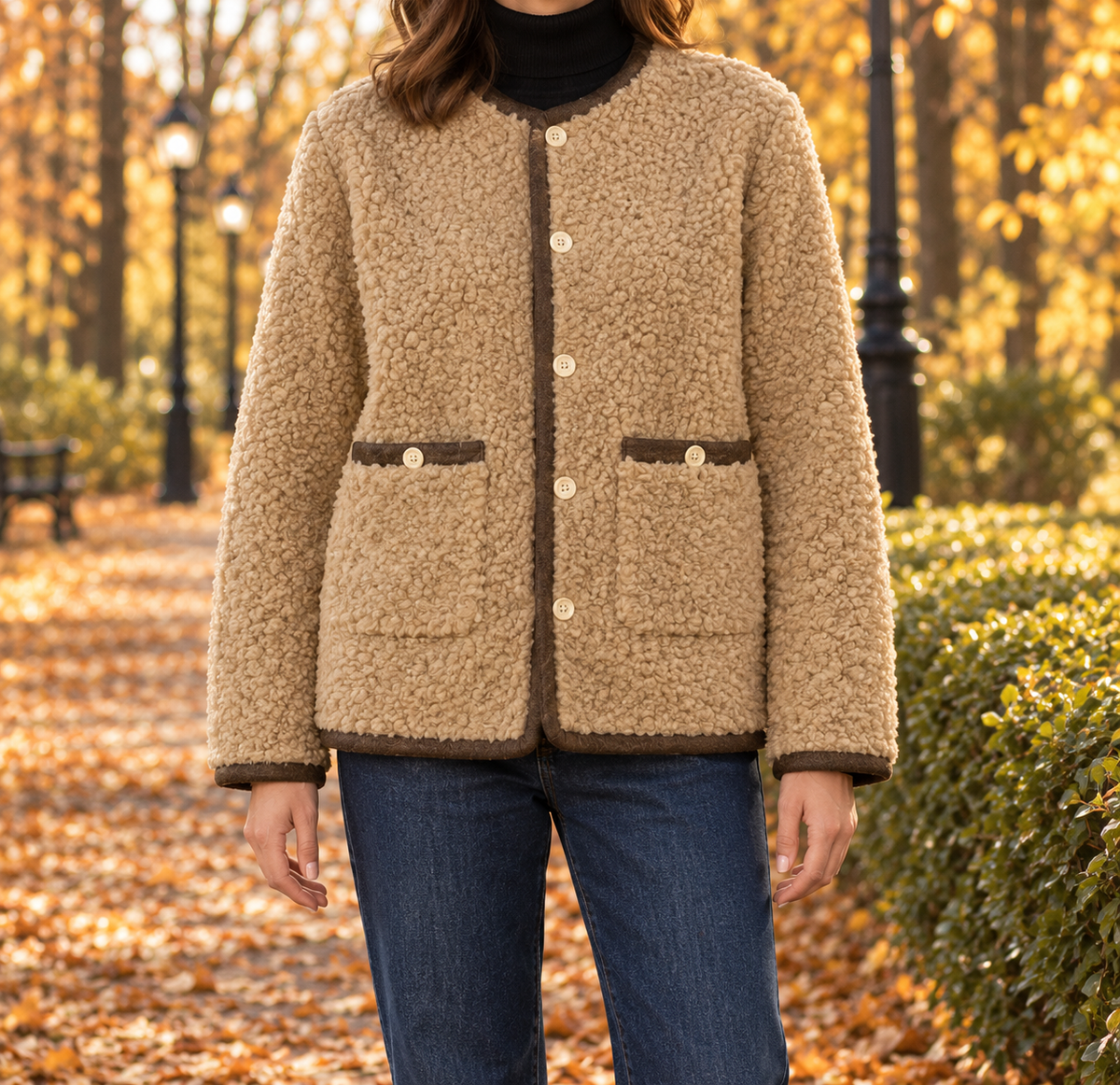 Sophie Contrast-Trim Teddy Jacket - Camel, worn, full jacket