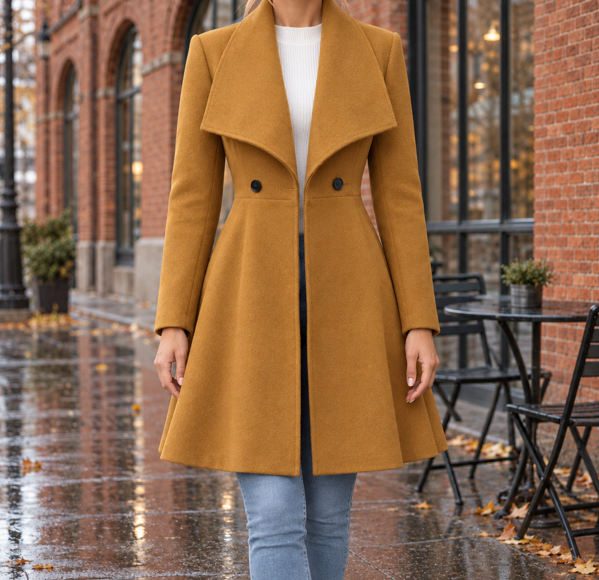 Rachel Wide-Lapel Flared Coat - Camel, worn, full coat