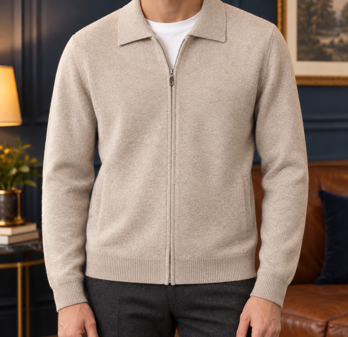 Walter Wool Zip Polo Cardigan - Camel, worn, full cardigan