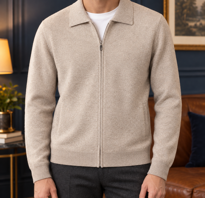 Walter Wool Zip Polo Cardigan - Camel, worn, full cardigan