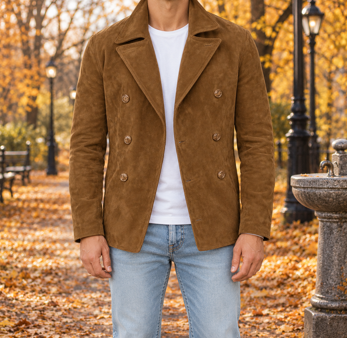 Spencer Suede-Look Double-Breasted Jacket - Camel, worn, full jacket