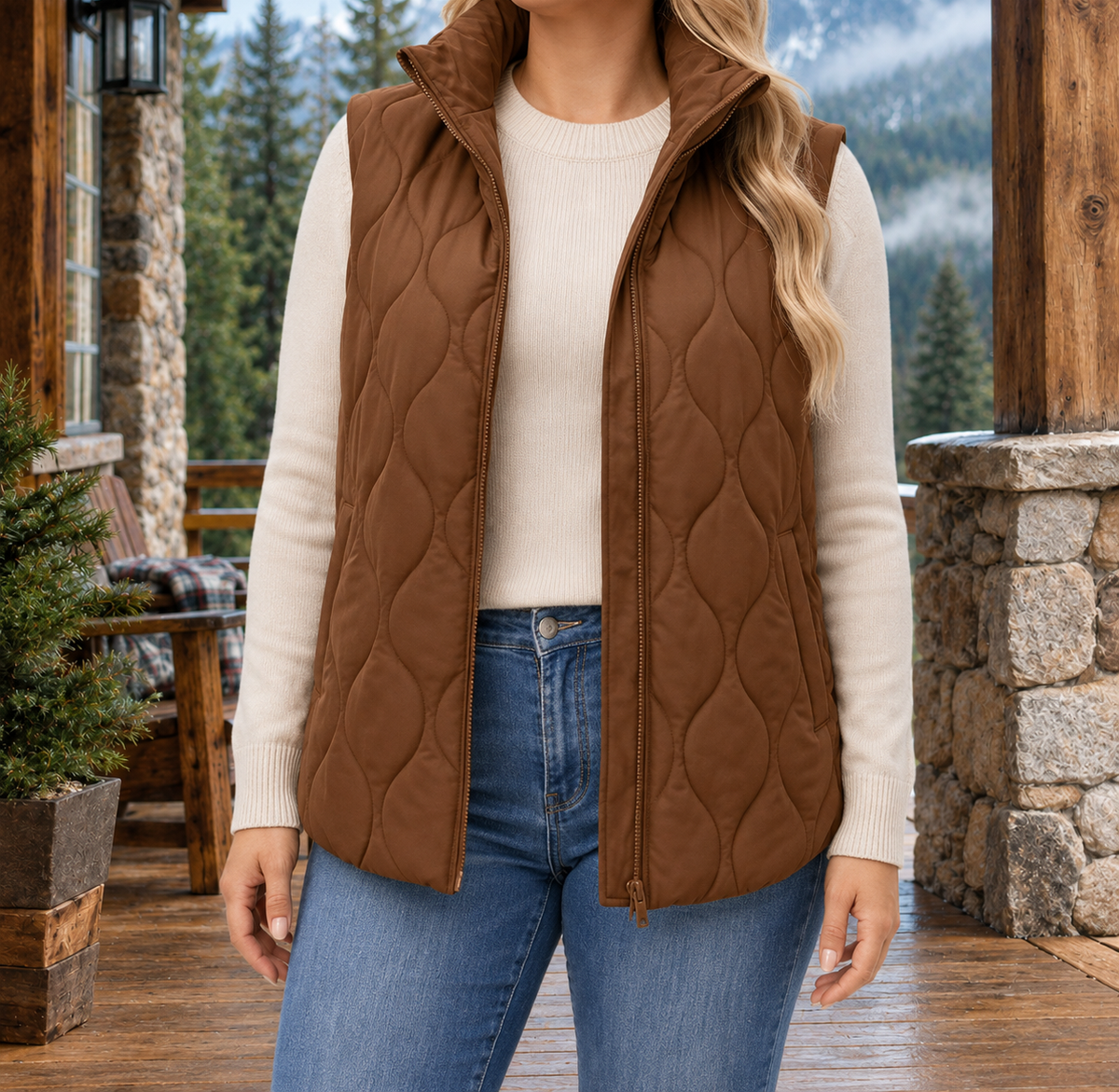 Megan Wave-Quilted Zip Vest - Camel, worn, full vest