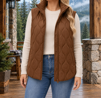 Megan Wave-Quilted Zip Vest - Camel, worn, full vest