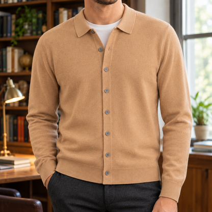 Andrew Fine-Knit Polo Cardigan - Camel, worn, full cardigan