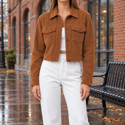 Abby Cropped Corduroy Jacket - Camel, worn, full jacket