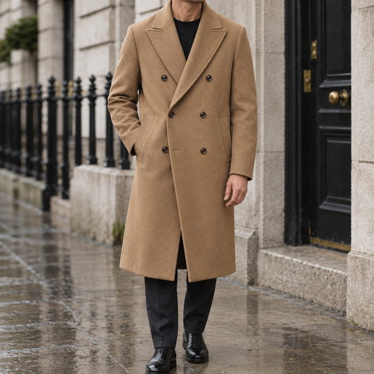 Sutton Peak-Lapel Double-Breasted Overcoat - Camel, worn, full coat
