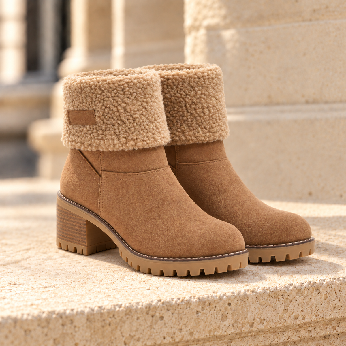 Aspen Faux-Shearling Cuff Ankle Boots - Camel, full pair