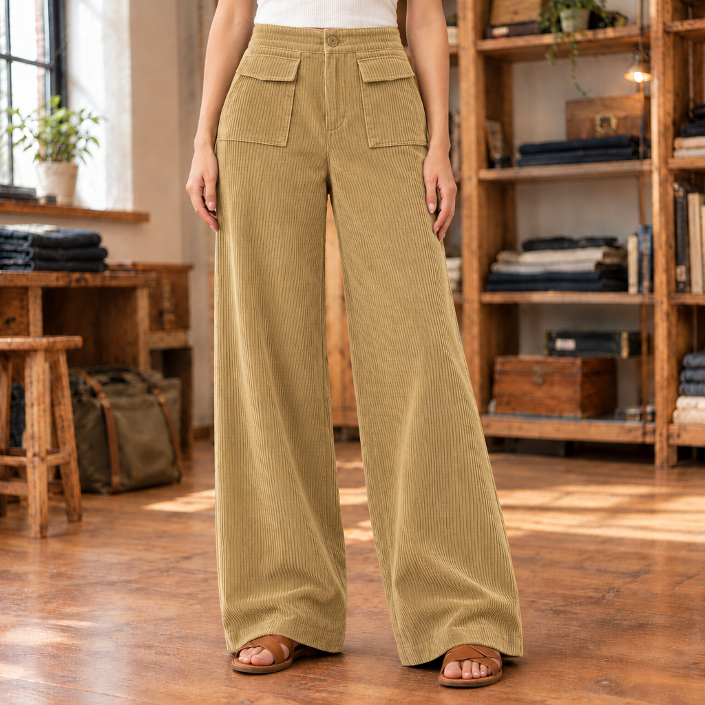 Kate Flap-Pocket Corduroy Wide-Leg Pants - Camel, worn, full pants