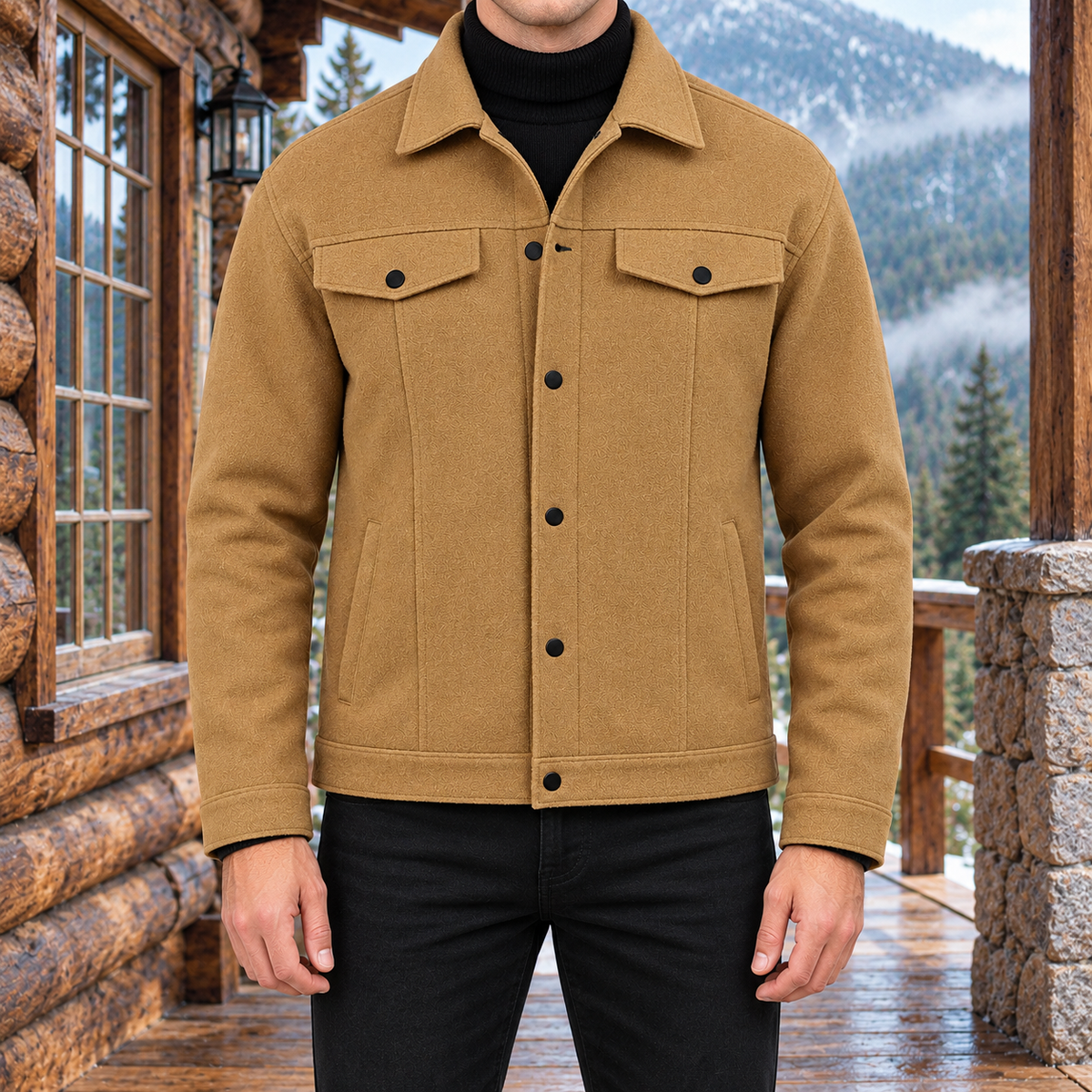Travis Flap-Pocket Trucker Jacket - Camel, worn, full jacket