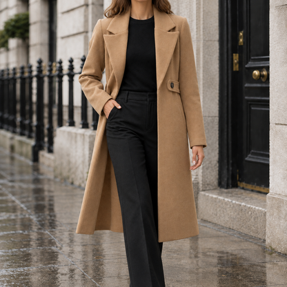 Evelyn Tab-Waist Tailored Coat - Camel, worn, full coat