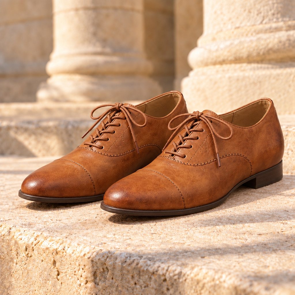 Audrey Cap-Toe Leather Oxford Flats - Caramel, full pair