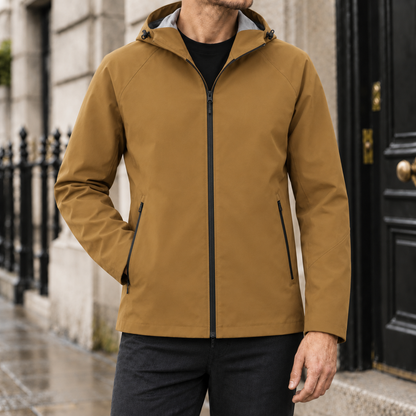 Weston Hooded Rain Jacket - Caramel, worn, full jacket