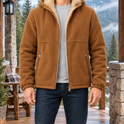 Brody Sherpa-Lined Hooded Fleece Jacket - Caramel, worn