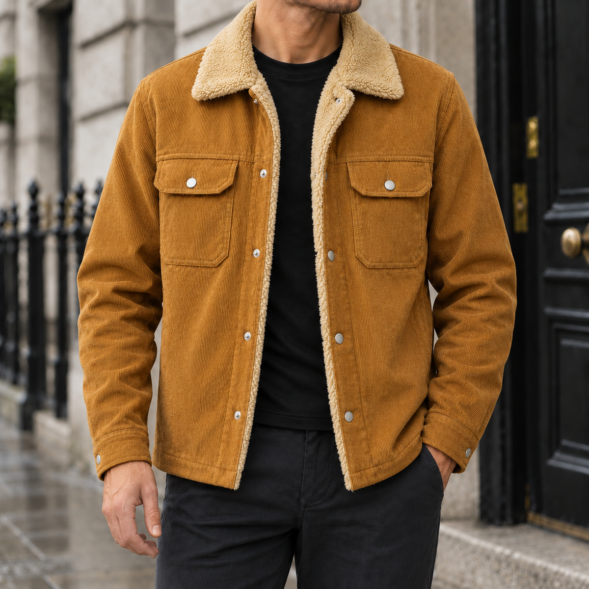 Colton Sherpa-Collar Corduroy Jacket - Caramel, worn, full jacket