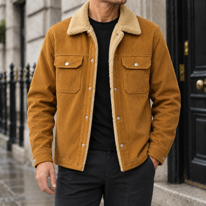Colton Sherpa-Collar Corduroy Jacket - Caramel, worn, full jacket