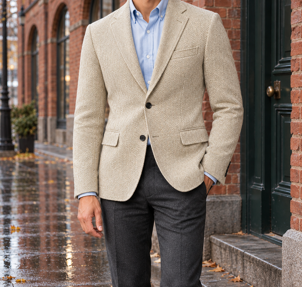 Edward Herringbone Two-Button Blazer - Champagne, worn, full blazer