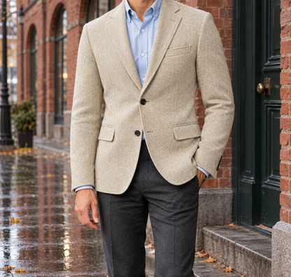 Edward Herringbone Two-Button Blazer - Champagne, worn, full blazer