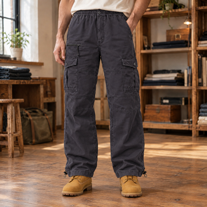 Tucker Cotton Cargo Pants - Charcoal, worn, full pants
