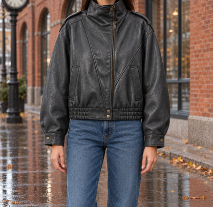 Jenna Faux-Leather Bomber Jacket - Charcoal, worn, full jacket