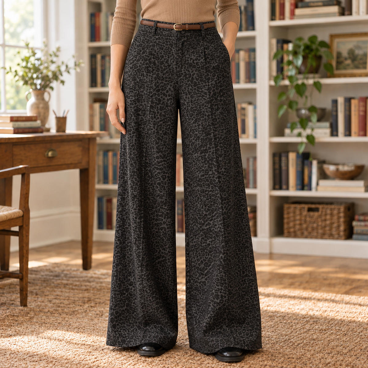Sophia Leopard Faux-Suede Wide-Leg Trousers - Charcoal, worn, full length