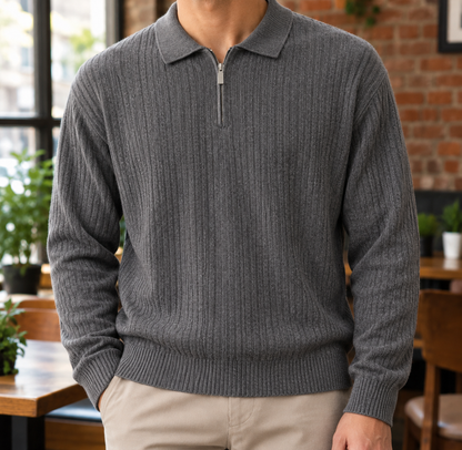 Bennett Ribbed Half-Zip Knit Polo - Charcoal, worn, full polo