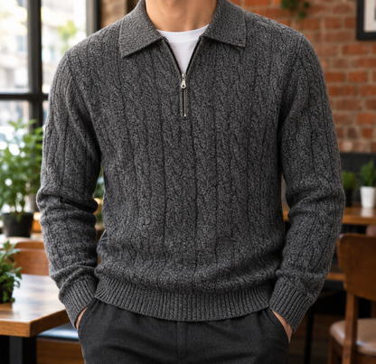 Henry Cable-Knit Zip Polo - Charcoal, worn, full polo