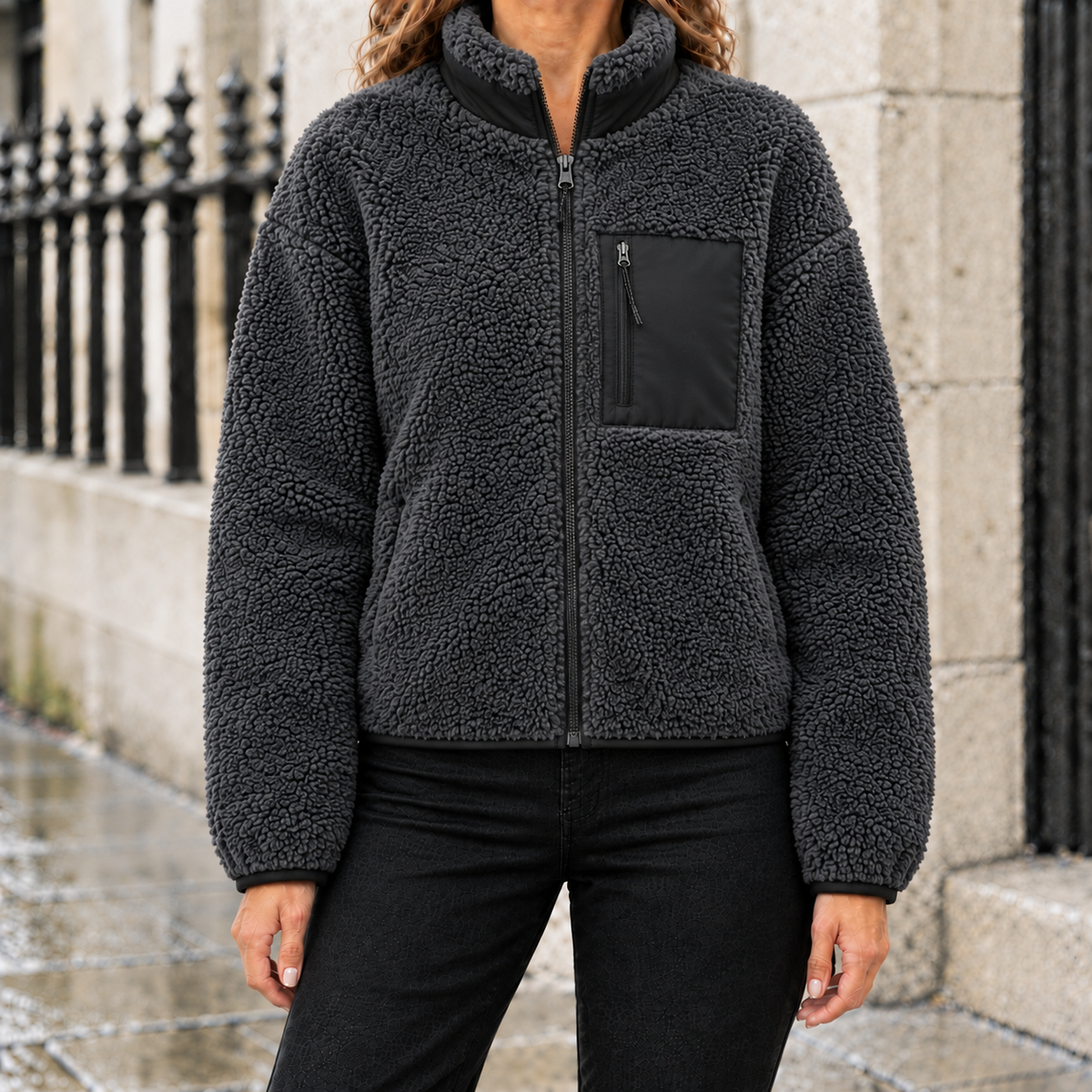 Hannah Sherpa Fleece Zip Jacket - Charcoal, worn, full jacket