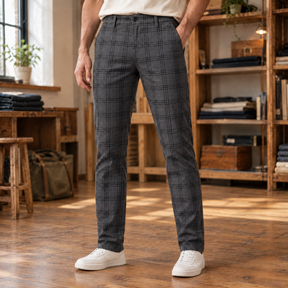 Harrison Plaid Stretch Slim Trousers - Charcoal, worn, full trousers