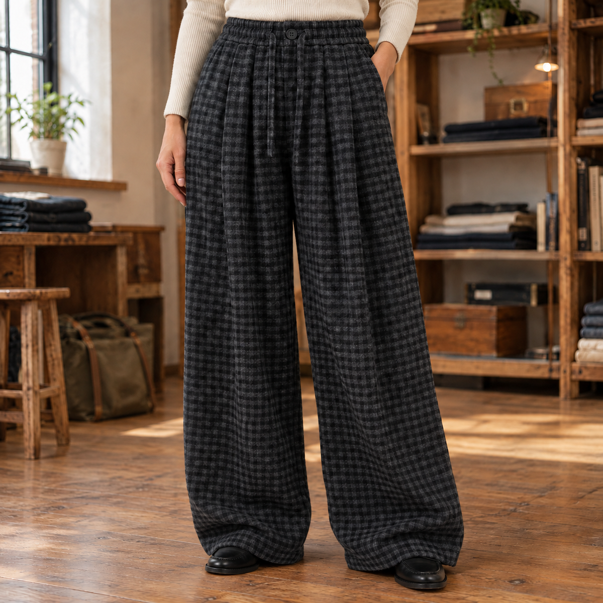 Holly Fleece-Lined Gingham Wide-Leg Pants - Charcoal Check, worn, full pants