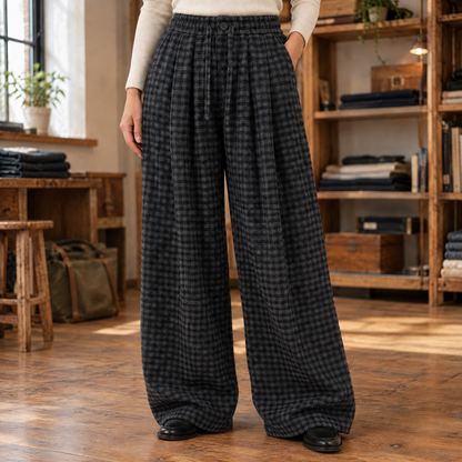 Holly Fleece-Lined Gingham Wide-Leg Pants - Charcoal Check, worn, full pants