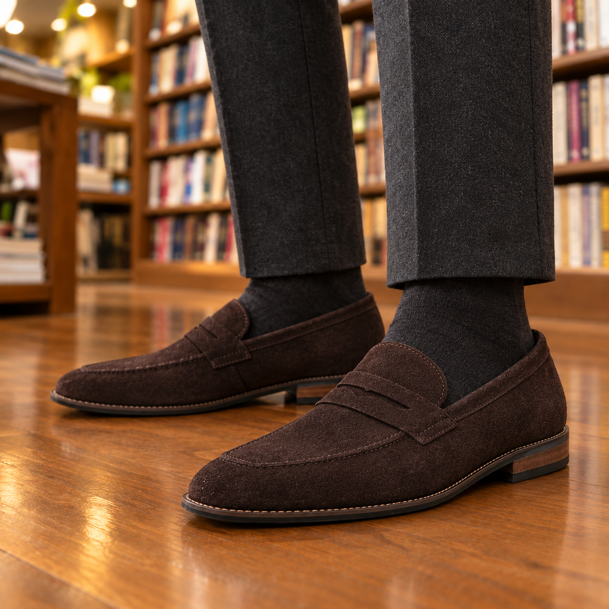 Preston Stacked-Heel Suede Penny Loafers - Chocolate, worn pair