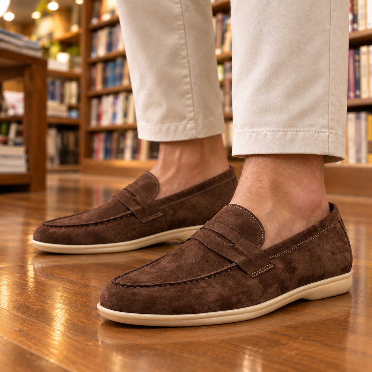 Graham Cream-Sole Suede Penny Loafers - Chocolate, worn pair