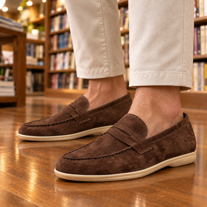 Graham Cream-Sole Suede Penny Loafers - Chocolate, worn pair