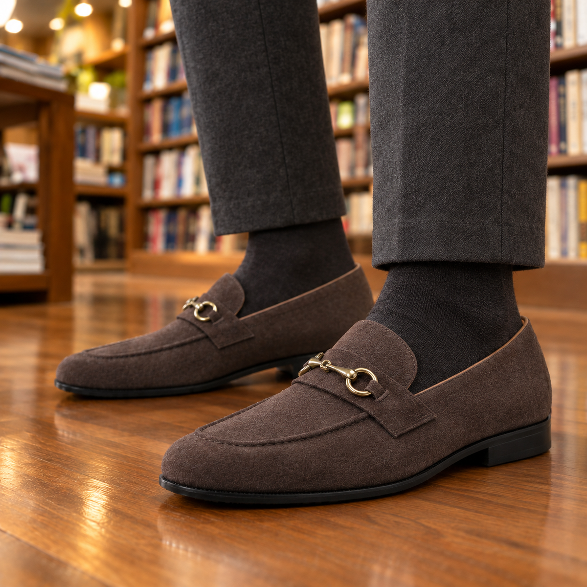 Miles Suede Horsebit Loafers - Chocolate, worn pair