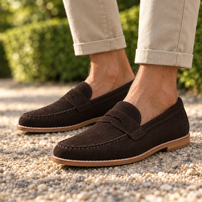 Arthur Stitched-Welt Suede Penny Loafers - Chocolate, worn pair
