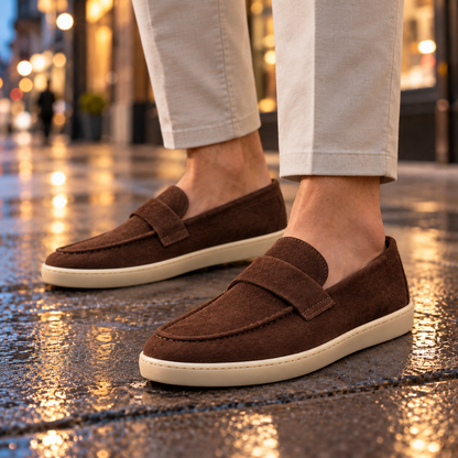 Brooks Saddle-Strap Suede Penny Loafers - Chocolate, worn pair