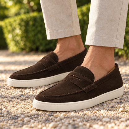 Carter Suede Cupsole Penny Loafers - Chocolate, worn pair