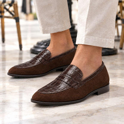 Warren Croc-Apron Suede Penny Loafers  Drako™️ shoes