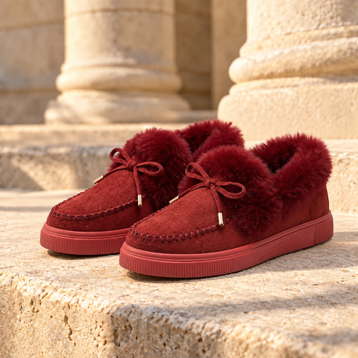 Maggie Plush-Lined Bow Moccasins - Claret, full pair