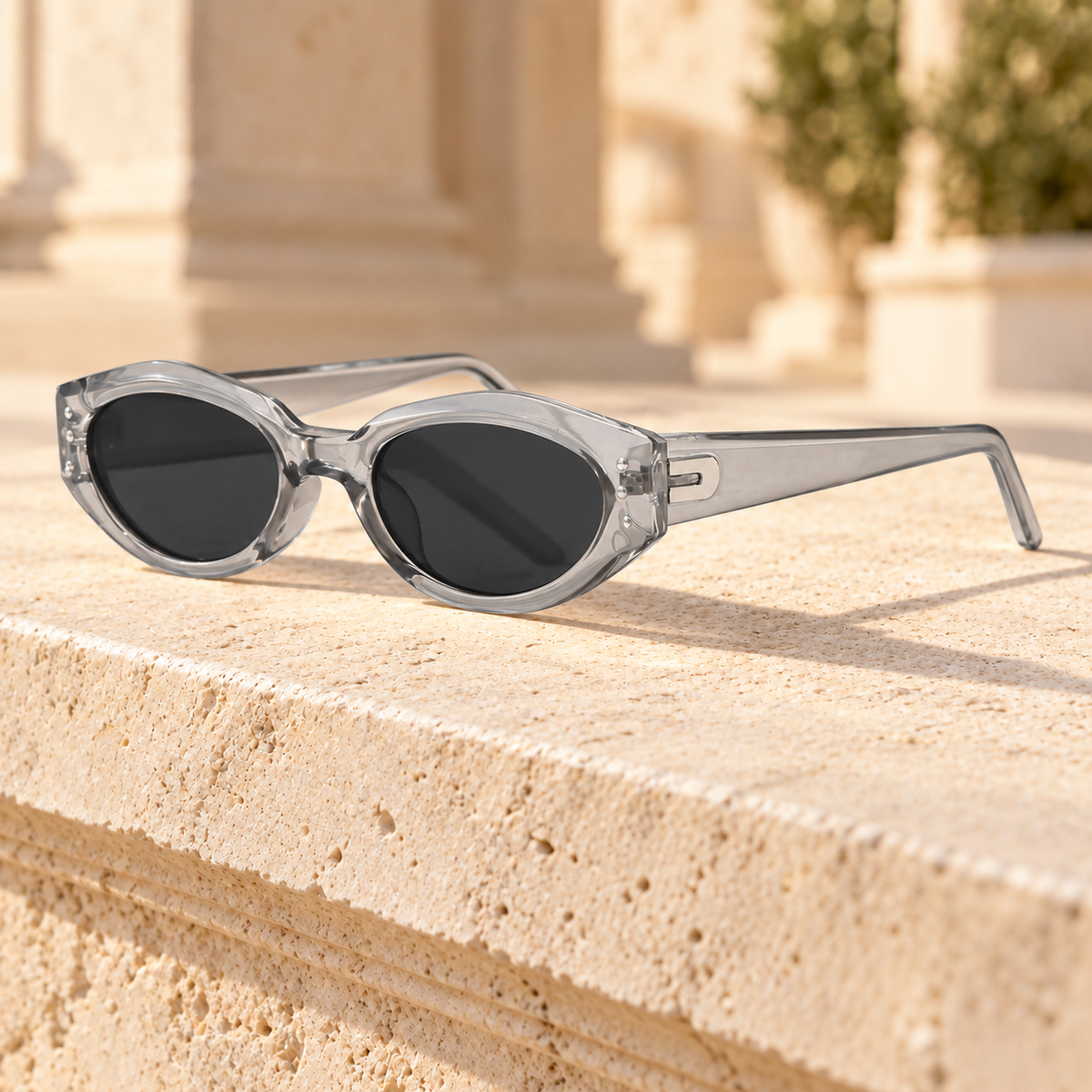 Nina Faceted Cat-Eye Sunglasses — Clear Grey/Grey, full frame